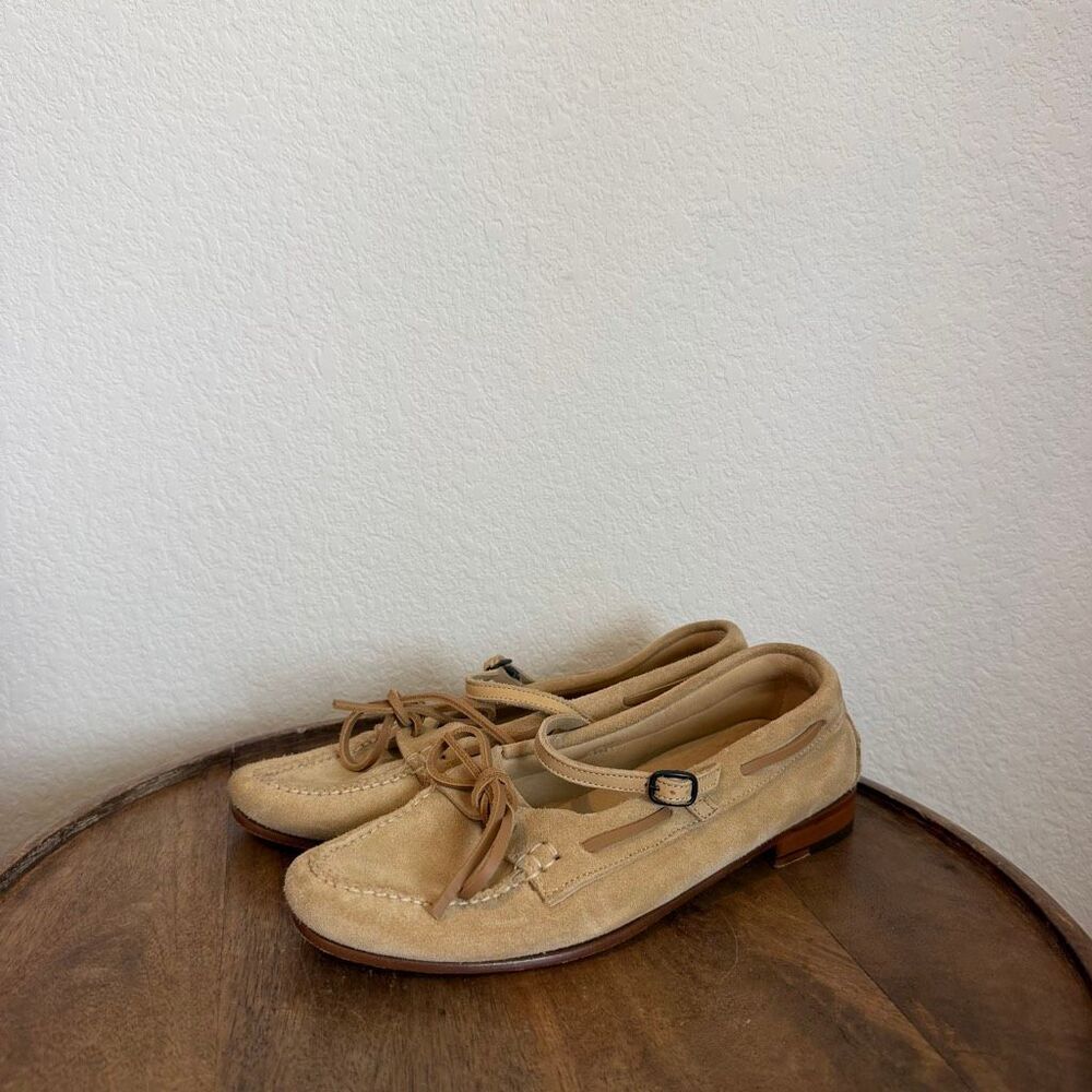 Hereu Lorea Suede Mary Jane Loafer Beige Strap Tie Women’s 38 US 7.5’